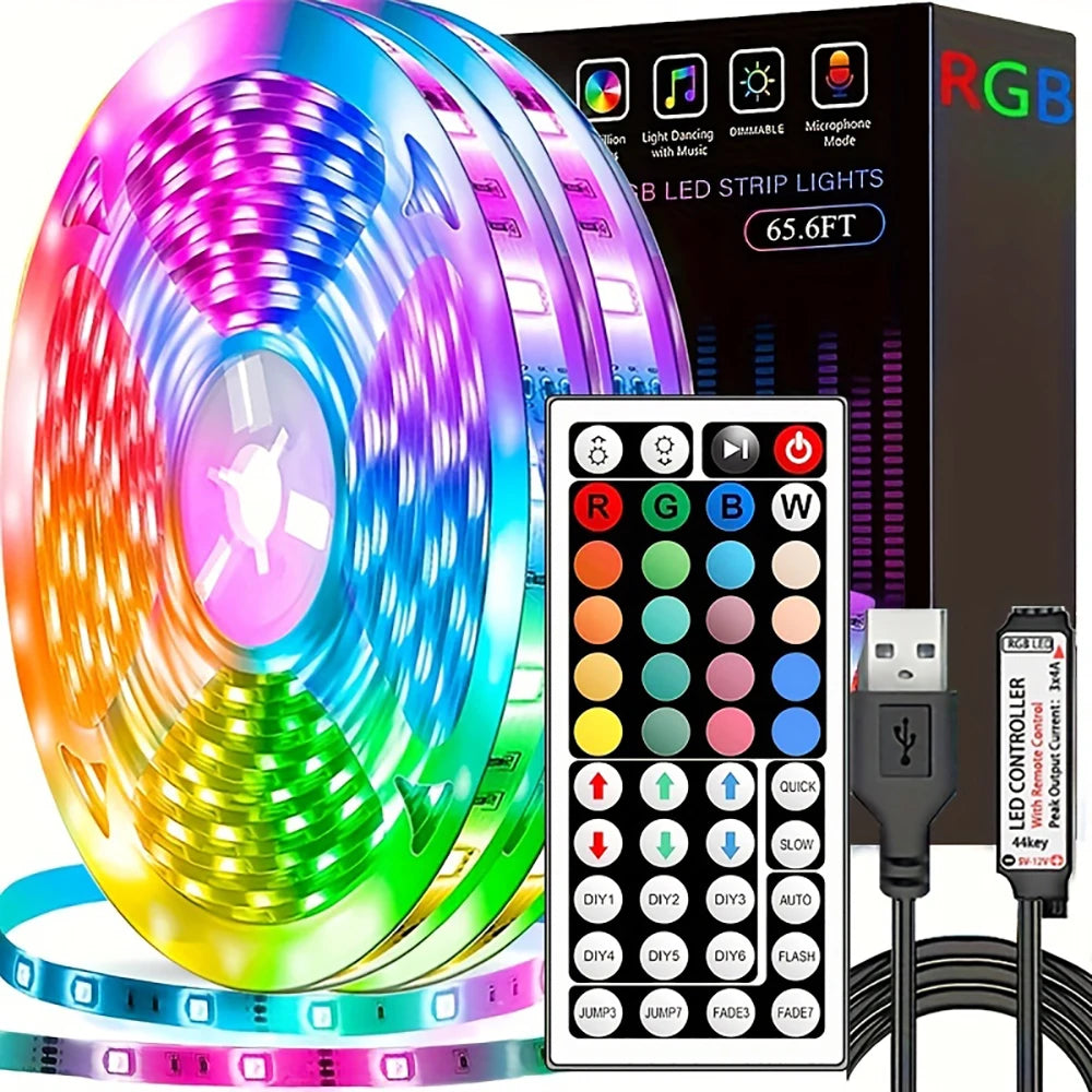 1–20 m LED-Strip RGB mit 24/44-Tasten-Fernbedienung für Zuhause, Schlafzimmer, Party, TV-Hintergrundbeleuchtung