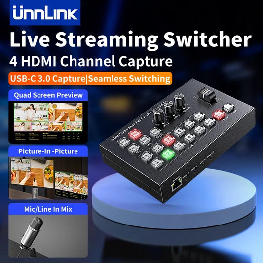 Unnlink Live Streaming Switcher 4 HDMI Video Capture Card, Mehrkamera-Mixer, nahtloser Wechsel PGM PVW PIP